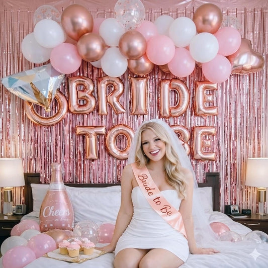 VIDAL CRAFTS Rose Gold Bridal Shower Decorations, 62-Piece Pink Bachelorette Party Decorations with Bride to Be Banner, Confetti Balloons, Bride Sash, Veil, Fringe Curtain & Photo Props