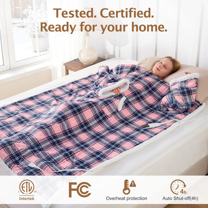 Electric Heated Blanket Wearable Throw with Foot Pocket & Front Pouch – 6 Heat Settings, 4H Auto-Off, Reversible Flannel & Sherpa, Oversized 52"x72" Heated Blanket for Bed or Couch, Pink Plaid