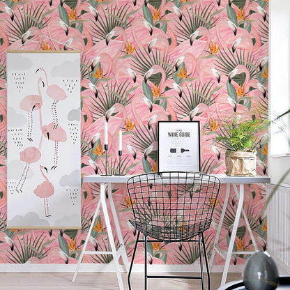 HAOKHOME Pink Wallpaper Peel and Stick Tropical Flamingos Removable Stick on Contact Paper for Bedroom Pink/Green/Orange 17.7in x 9.8ft