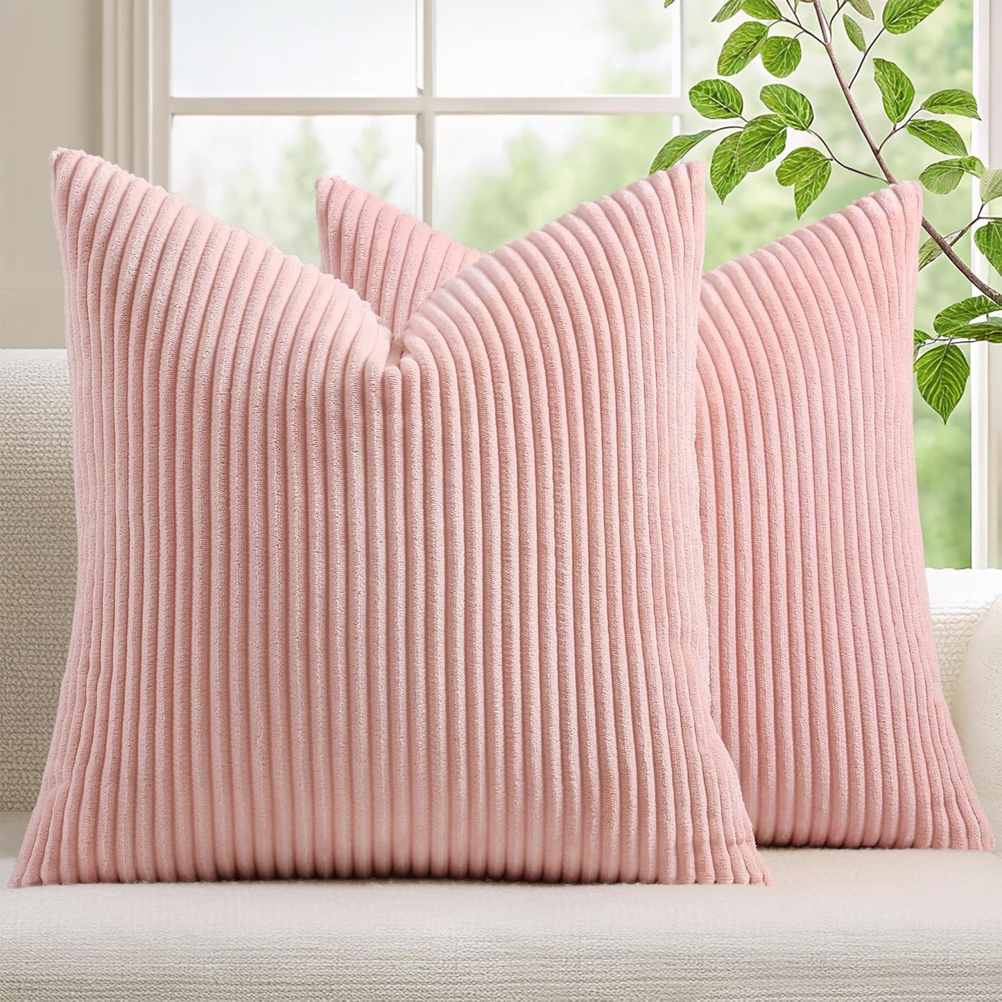 Mecatny Corduroy Summer Decorative Throw Pillow Covers 18x18 Set of 2 for Sofa Living Room, Soft Neutral Boho Couch Pillow Covers for Home Decor, Pink