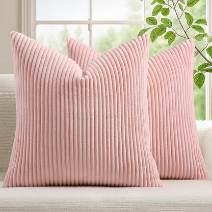 Mecatny Corduroy Summer Decorative Throw Pillow Covers 18x18 Set of 2 for Sofa Living Room, Soft Neutral Boho Couch Pillow Covers for Home Decor, Pink
