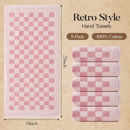 REDKISS 5 Pack Pink Checkered Hand Towel Set - Decorative Hand Towels for Bathroom, 100% Cotton Towel Soft Absorbent, Retro Decorative Bathroom Towel for Kitchen, Gym, and Spa