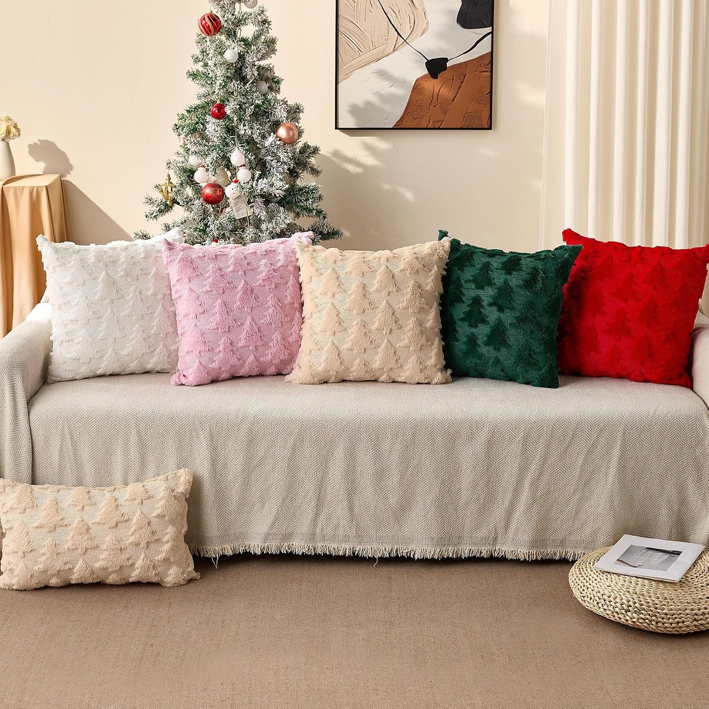 DFXSZ Christmas Pillow Covers 18x18 inch Set of 2 Pink Christmas Tree Decoration Soft Plush Faux Fur Jacquard Throw Pillows for Bedroom Sofa Holiday Festivals Winter Home Decor PTK070D18
