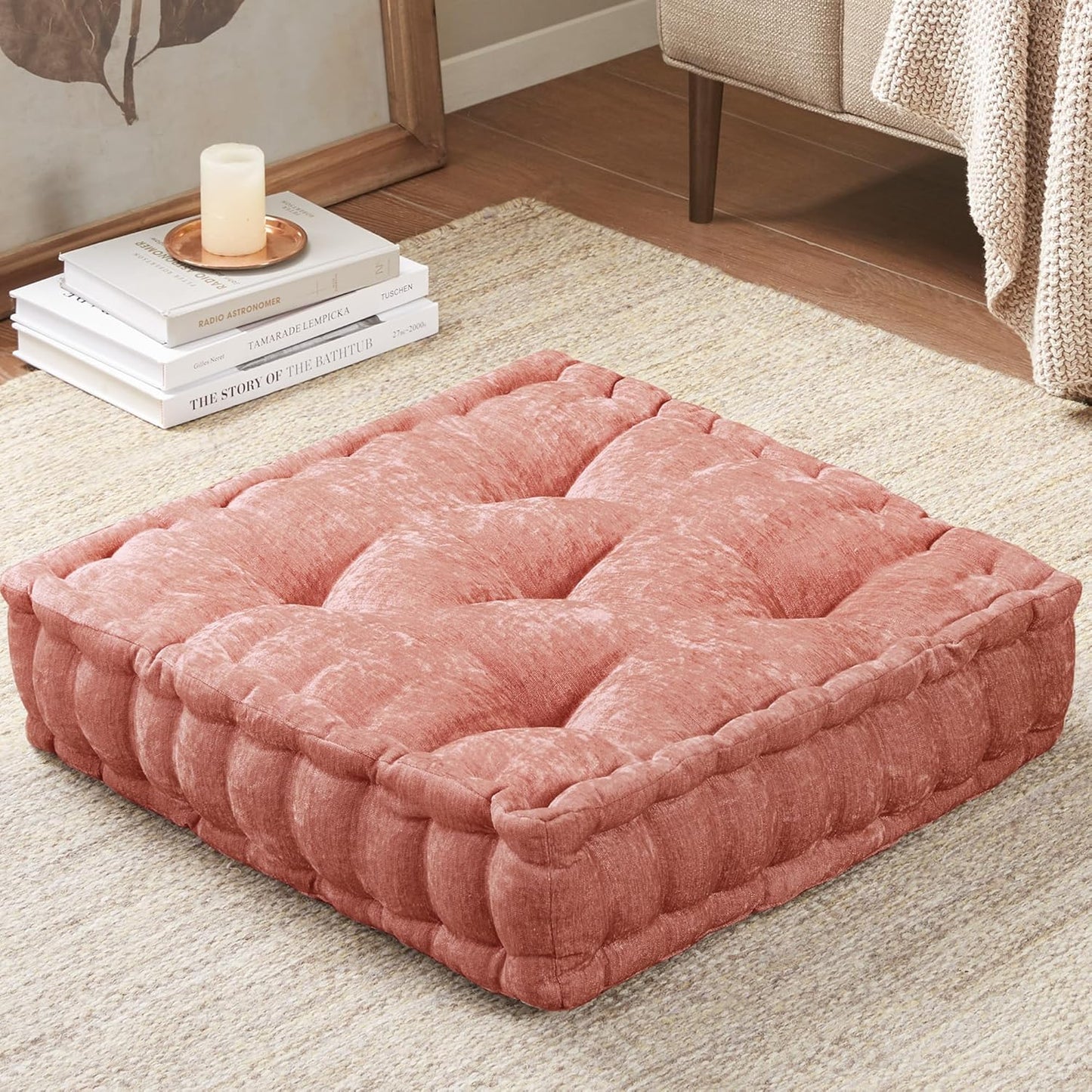Intelligent Design Azza Floor Pillow, Large Seat Cushions for Adults, Floor Pillow for Meditation or Yoga, Lustrous Chenille Tufted, Scalloped Edges for Bench/Chair Cushion, 20"x20"x5", Dusty Peach