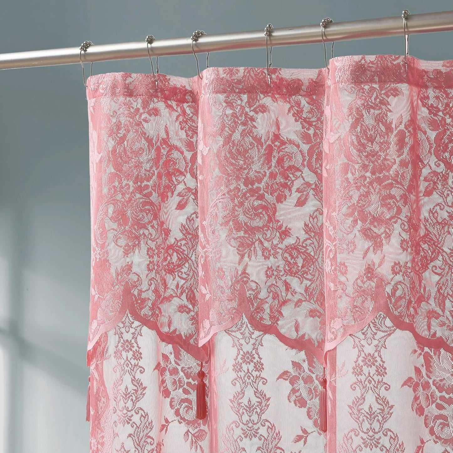 Warm Home Designs Pink Rose Lace Shower Curtain 72 x 84 Inches with Attached Valance & 7 Tassels. Luxury Farmhouse Shower Curtains for The Bathroom or Boho Shower Curtains for Bathroom. LA Rose 84"