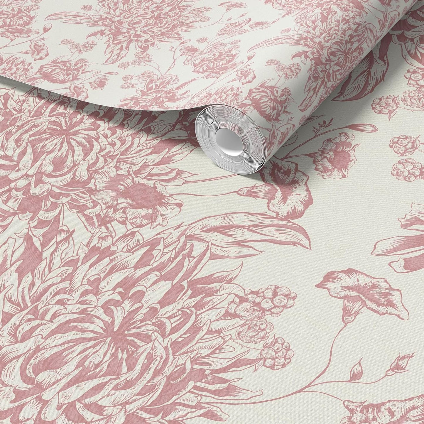 RollsRolla Pink Floral Toile Peel and Stick Wallpaper - Chinoiserie & French Country Design for Living Room, Bedroom and Bathroom - Renter-Friendly Temporary Wallpaper for Apartment