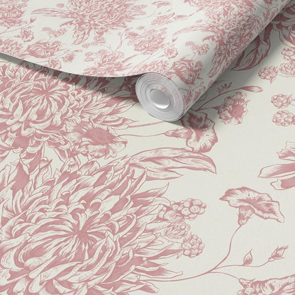RollsRolla Pink Floral Toile Peel and Stick Wallpaper - Chinoiserie & French Country Design for Living Room, Bedroom and Bathroom - Renter-Friendly Temporary Wallpaper for Apartment