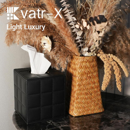 Square Leather Tissue Box Cover, Hand MDF Inner Frame Tissue Holder (Pink & 5.3 x 5.3 x 5.9 inch)