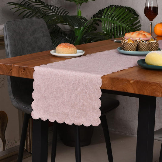 Table Runner 13 x 72 Inches Long, Cotton Linen Farmhouse Scallop Style Pink Table Linen for Kitchen Dining Coffee Table Parties Wedding Home Decor (13” x 72”, Pink)