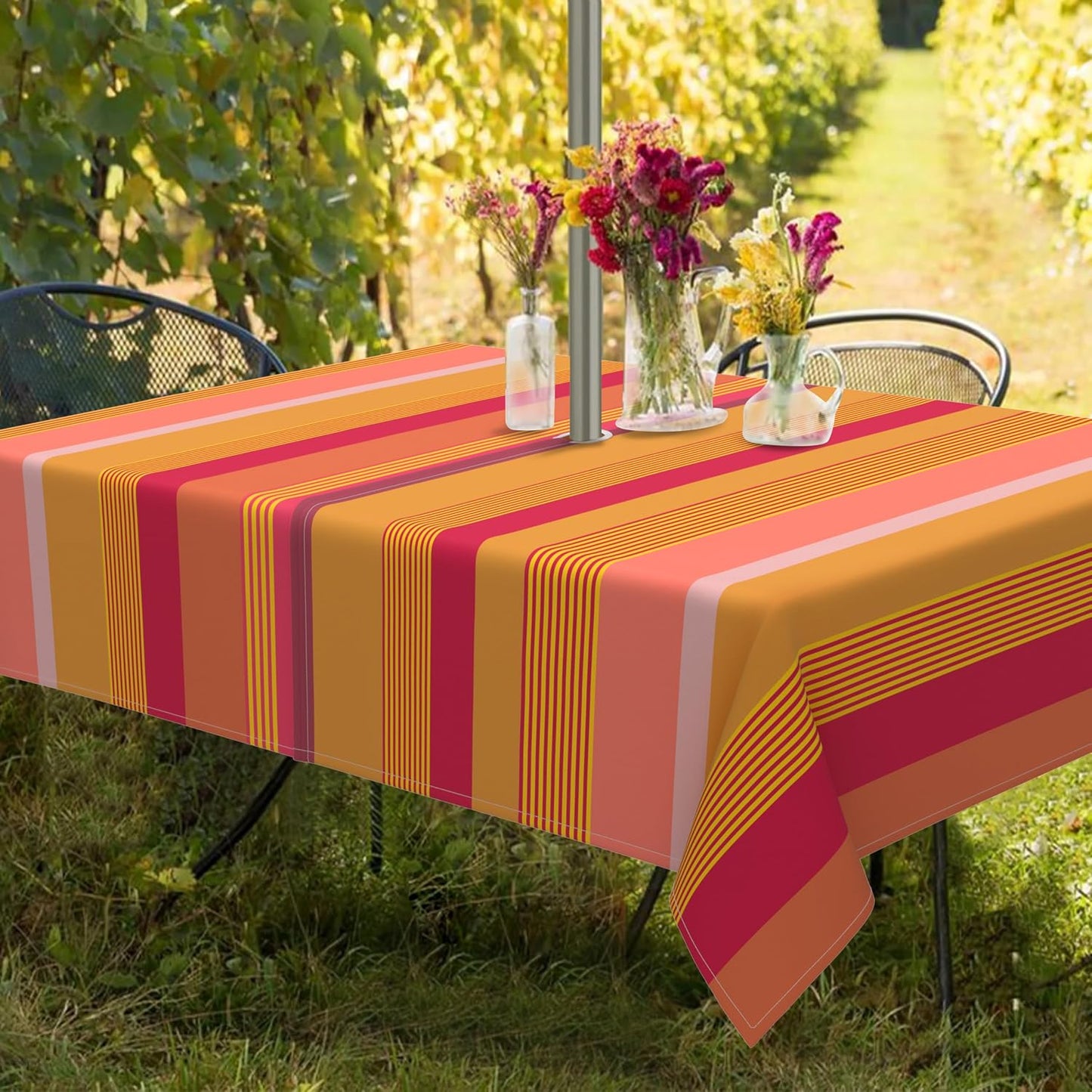 Outdoor Tablecloth with Umbrella Hole and Zipper, Yellow Pink Stripe Table Cloth Rectangle 60×84 Inch Waterproof Fade Resistant Patio Table Cover for Spring Summer Garden Picnic Dinner