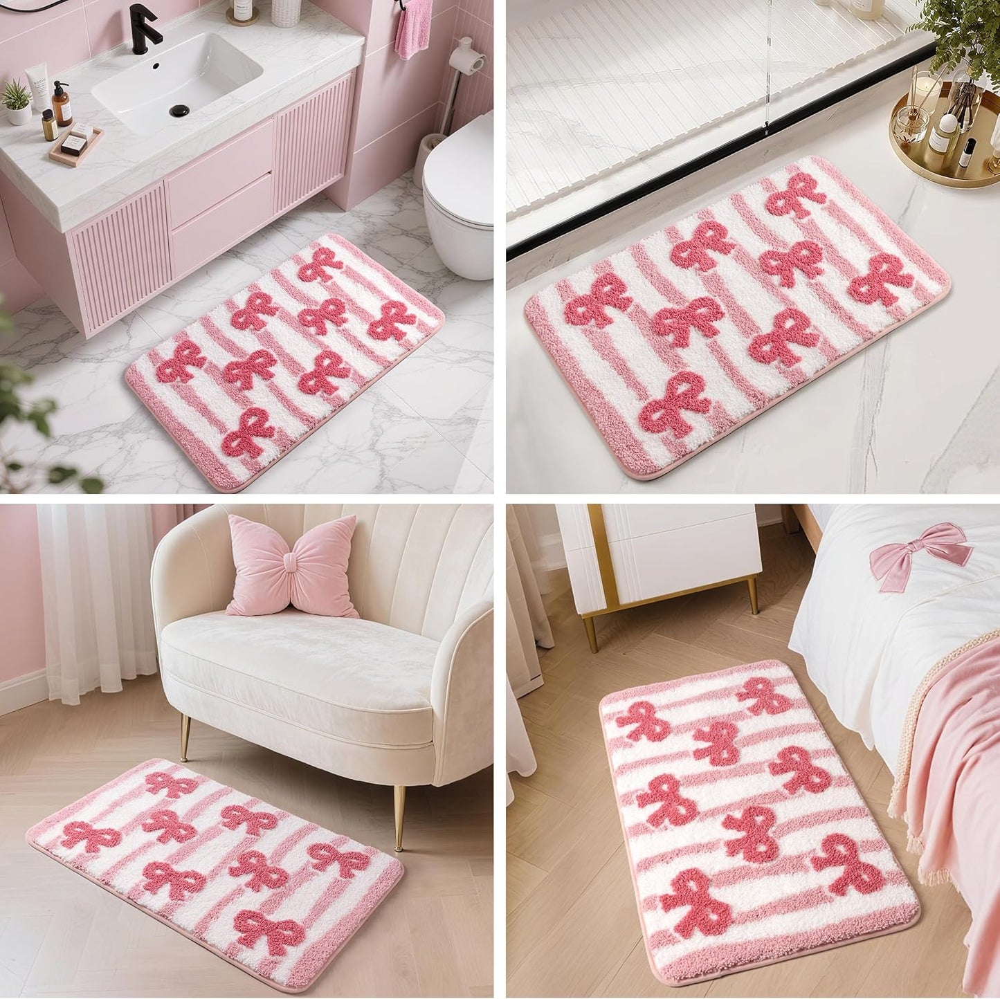 Sunlit Cute Bow Bathroom Rugs 32x20, Coquette Pink Bow Rug for Bedroom, Extra Soft Super Absorbent Bath Mat Quick Dry, Shaggy Bath Rug Non-Slip Washable Bathroom Floor Mat, Pink Stripe