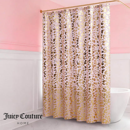 Juicy Couture 70"x72" Fabric Shower Curtain with 12 Hooks, Blush Gold Leopard 13-Piece Shower Set