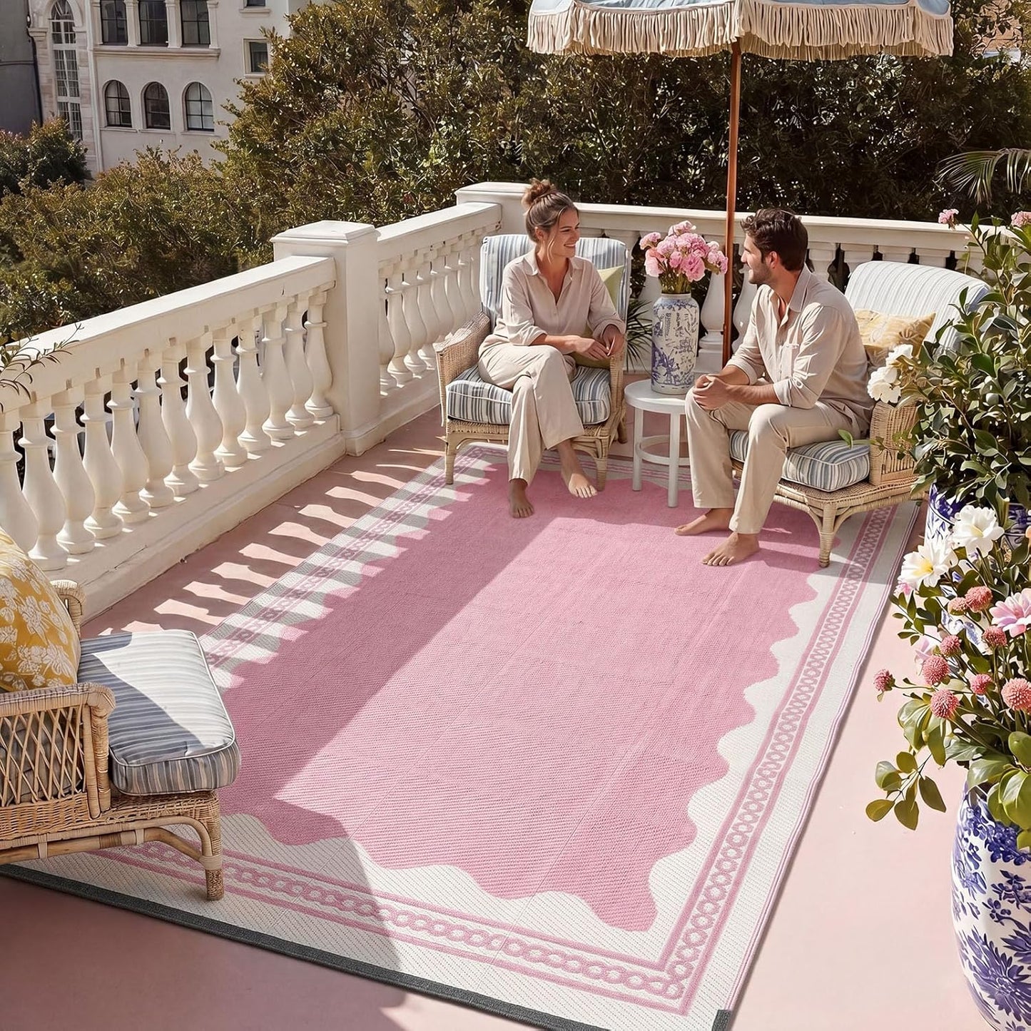 Dunzy Scalloped Outdoor Patio Rug, 5 x 8 ft Non-Slip Plastic Straw Scalloped Carpet Waterproof Indoor Outdoor Area Mat for Outside Rv Camping Deck Pool Beach Porch Backyard(Pink)