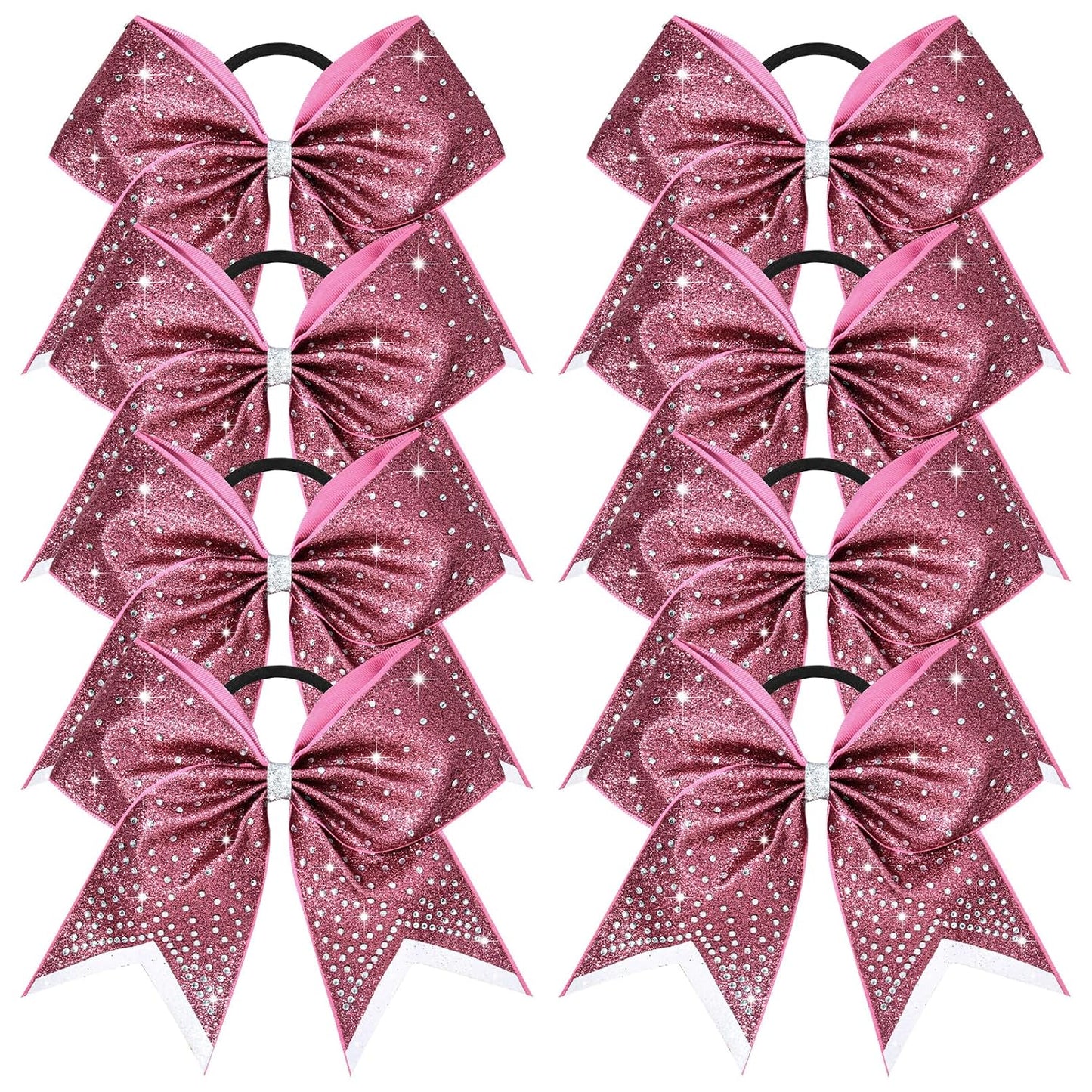 8PCS Glitter Cheer Bow Large Cheer Bows Rhinestones Hair Bows Girls 8"Cheerleading Bows Bulk Elastic Band Ponytail Holder for Teen Girls College Sports Competition Pink