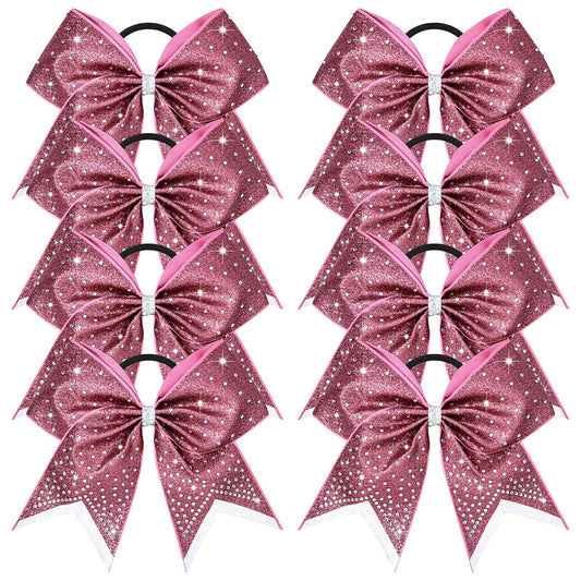 8PCS Glitter Cheer Bow Large Cheer Bows Rhinestones Hair Bows Girls 8"Cheerleading Bows Bulk Elastic Band Ponytail Holder for Teen Girls College Sports Competition Pink