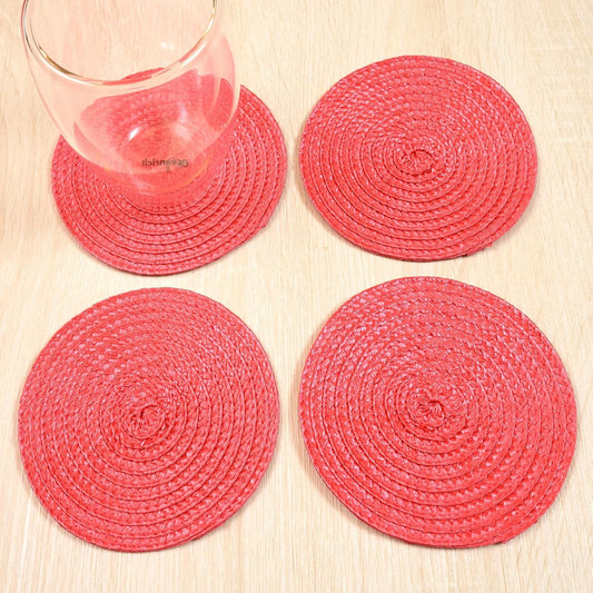 Round Braided Woven Polypropylene Plastic Coaster Set of 4 (Poppy Pink)