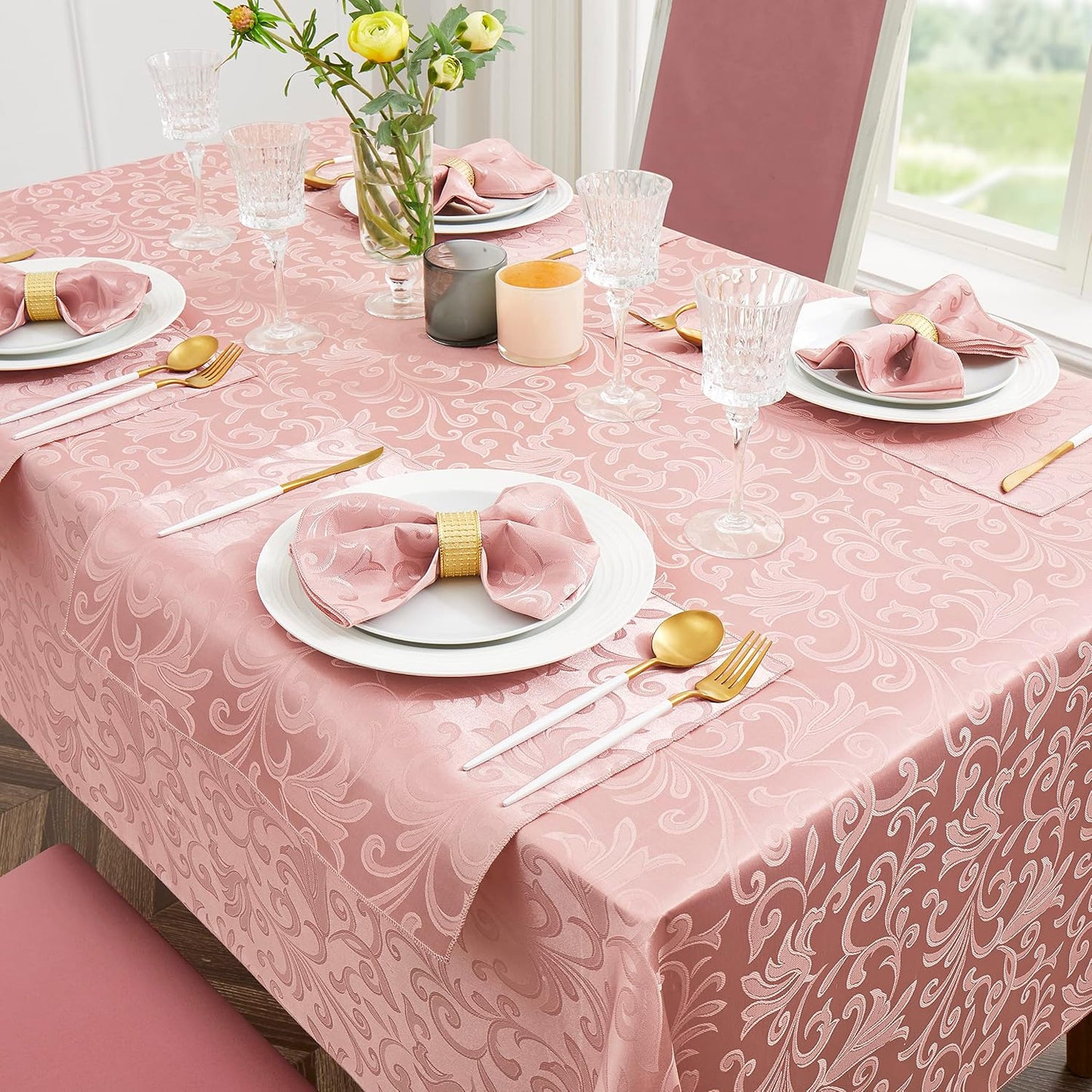 4 Pieces Scroll Damask Jacquard Coral Gold Placemats,13 x 19 inch Protect Surface Heat and Stain Resistant Dinner Mats