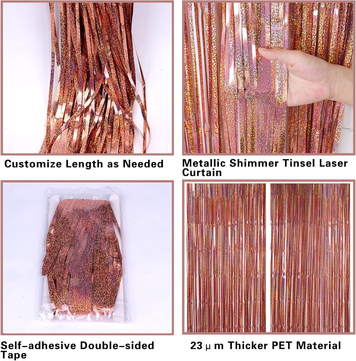 2 Pack 3.2ft x 8.2ft Rose Gold Foil Fringe Curtain Backdrop, Metallic Tinsel Foil Fringe Streamer Curtains Photo Booth Props, Ideal for Bachelorette Birthday Christmas New Year Party Decorations