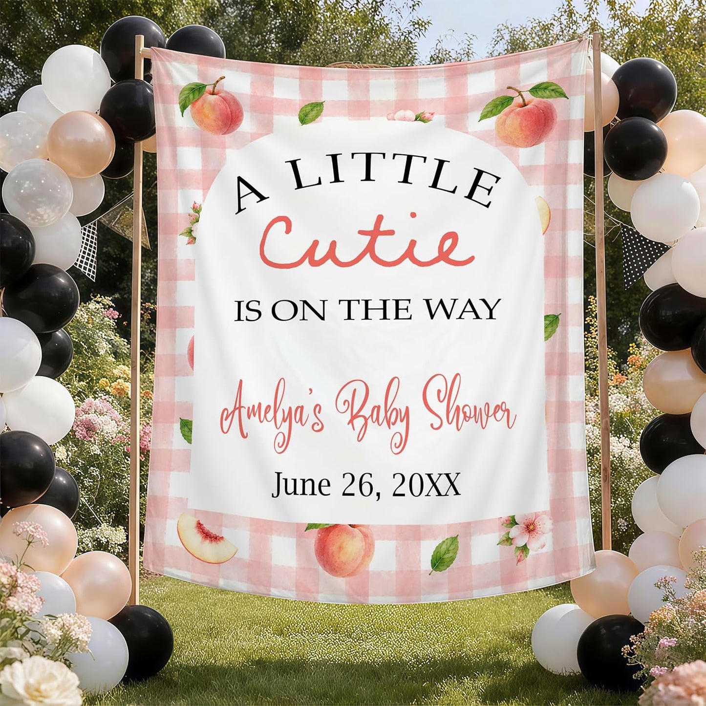 Little Cutie Baby Shower Backdrop, Peach BabyShower Decorations, Pink Gingham Baby Shower Banner, Cutie Babys Showers Welcome Sign, Peach Theme BabyShower Photo Booth Background