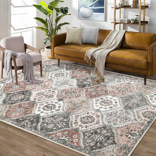 ROYHOME 8x10 Area Rug Moroccan Trellis Machine Washable Rug Vintage Medallion Distressed Indoor Accent Rug Stain Resistant Non-Slip Floor Cover Carpet for Living Room Bedroom, Pink/Grey