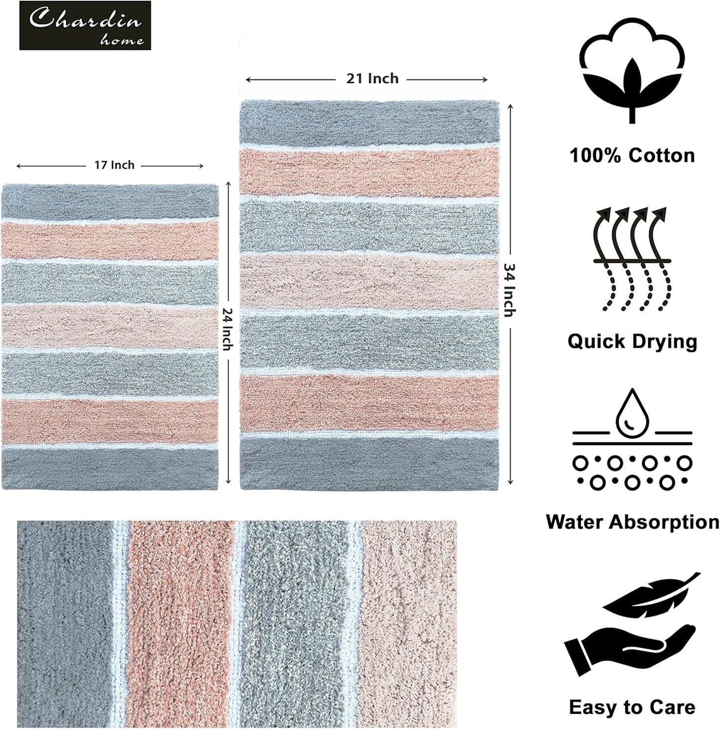 Chardin home Cordural Stripes Bath Mat, Set of 2 Bath Rugs (17 Inches x24 Inches & 21 Inches x34 Inches) | Non Slip Bathroom Rug, Machine Washable, Plush, Highly Absorbent | Grey & Peach/Blush