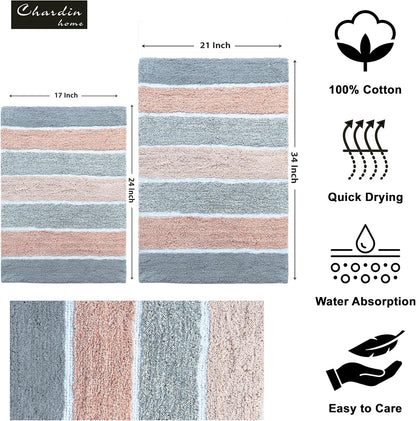 Chardin home Cordural Stripes Bath Mat, Set of 2 Bath Rugs (17 Inches x24 Inches & 21 Inches x34 Inches) | Non Slip Bathroom Rug, Machine Washable, Plush, Highly Absorbent | Grey & Peach/Blush