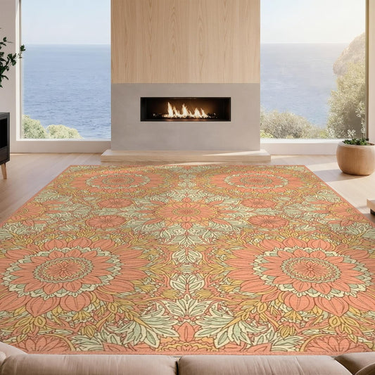 Design&I 8'x10' Easy Clean Vintage Botanical Massive Rug, Peach Sleek Flatweave Pet Friendly Built-in Grip Mat for King Size Bedroom, Master Suite, Under Bed | 2158916