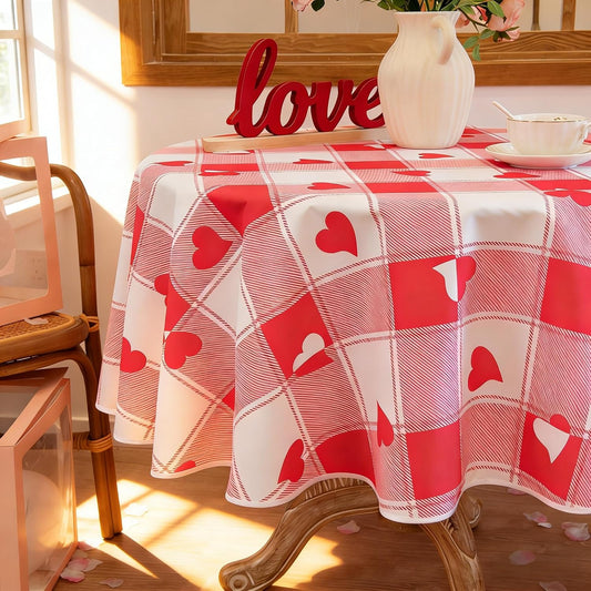 MikiUp Checkered Round Valentine's Day Tablecloth - Waterproof, Wrinkle Resistant and Washable Gingham Table Cloth Decorative Table Cover for Party, Pink 60 Inch