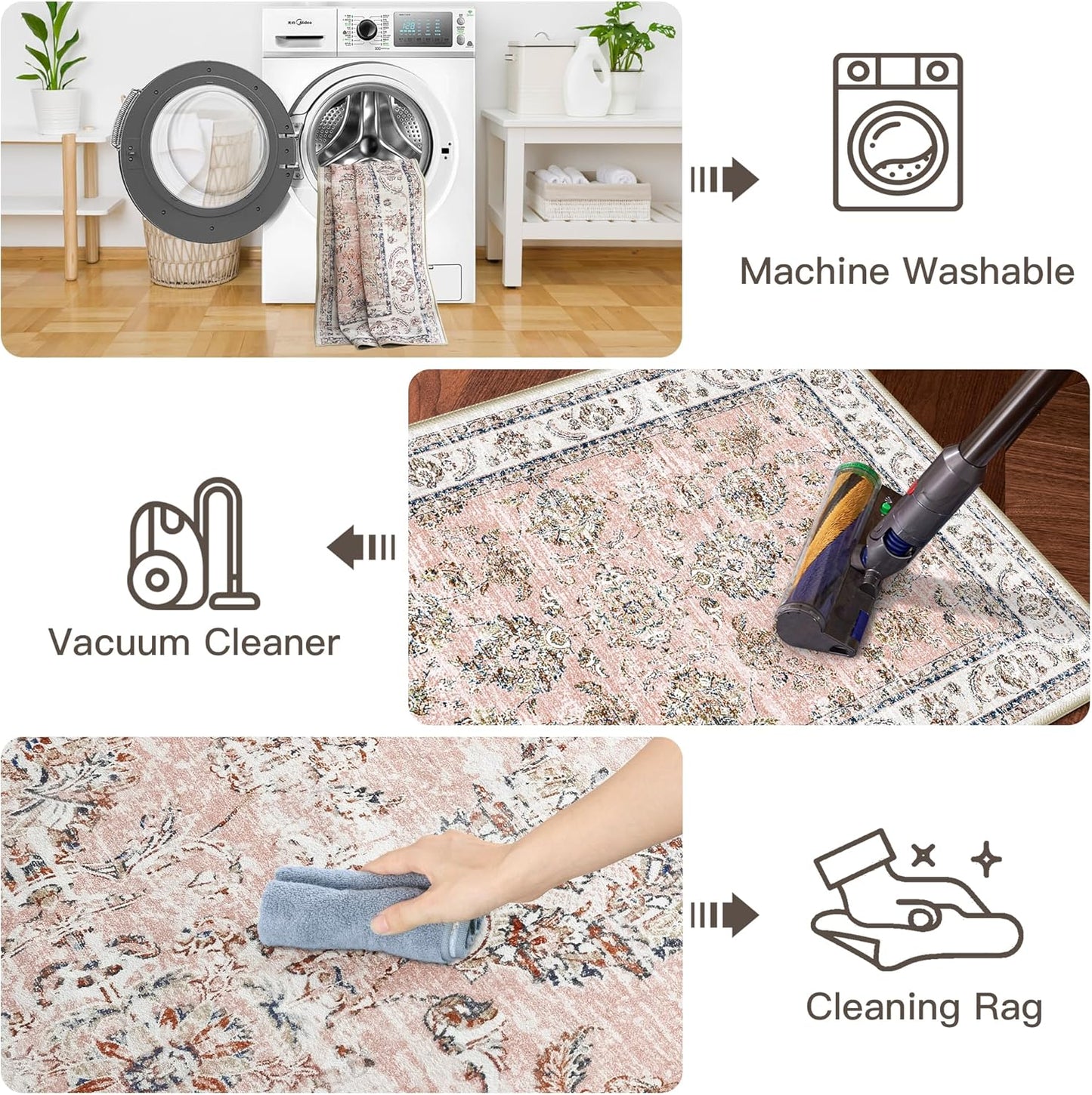 RYB HOME Non Slip Washable Runner Rug 2x6 ft, Anti-sratch Pet Friendly Boho Vintage Low Pile Floral Rug Carpet Runner for Kitchen Hallway, Pink
