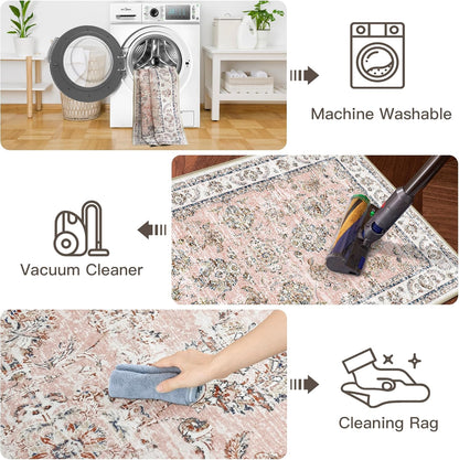 RYB HOME Non Slip Washable Runner Rug 2x6 ft, Anti-sratch Pet Friendly Boho Vintage Low Pile Floral Rug Carpet Runner for Kitchen Hallway, Pink