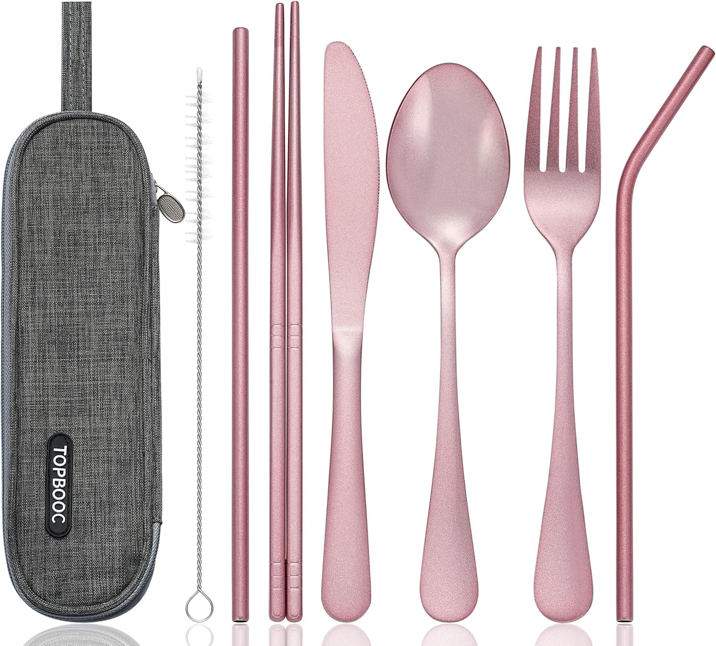 Portable Stainless Steel Flatware Set, Travel Camping Cutlery Set, Portable Utensil Travel Silverware Dinnerware Set with a Waterproof Case (Pink)