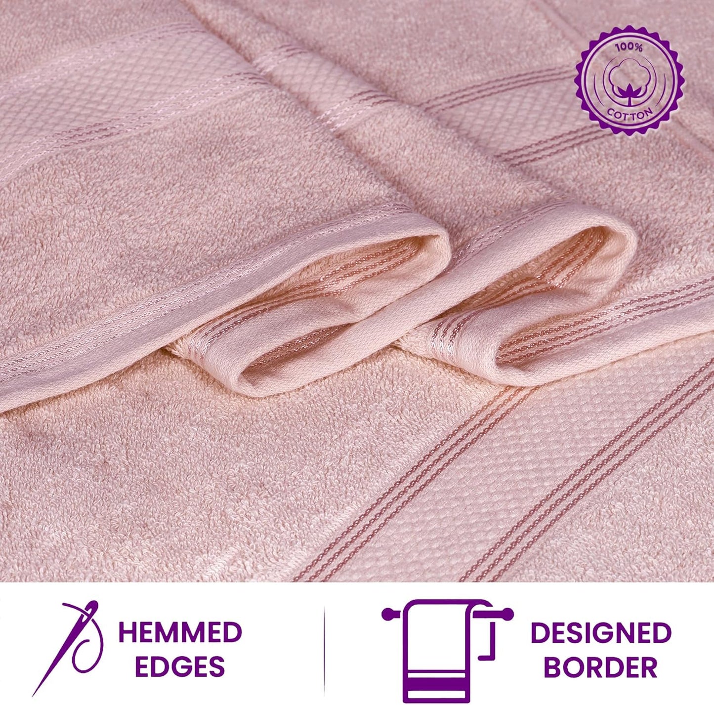 Casa Lino 100% Cotton Bath Towels Set of 4 (1 Bath Towel, 1 Hand Towel & 2 Wash Cloths) - Bathroom Towels and Washcloths Set - Complete Bathroom Set - Guest Room Essentials - (Blush Pink)