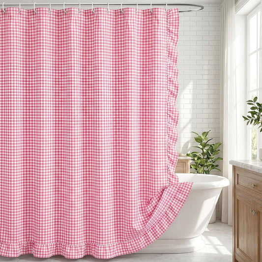 HunnmingRe Ruffled Gingham Shower Curtain 72 x 72 Inch Pink Cotton Vintage Farmhouse Rural Plaid Shower Curtain with 12 Hooks for Bathroom Bathtubs Decor