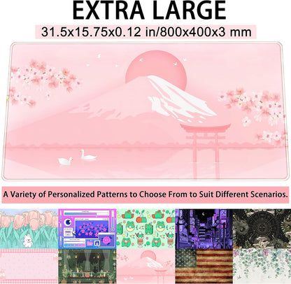 Cherry Blossom Mouse Pad Kawaii Pink Floral Desk Mat, Japanese Pastel Sakura Large Anime Gaming Mousepad XXL, Cute Aesthetic Mount Fuji Japan Keyboard Mats for Women Office Desk Pads 31.5"x15.75"