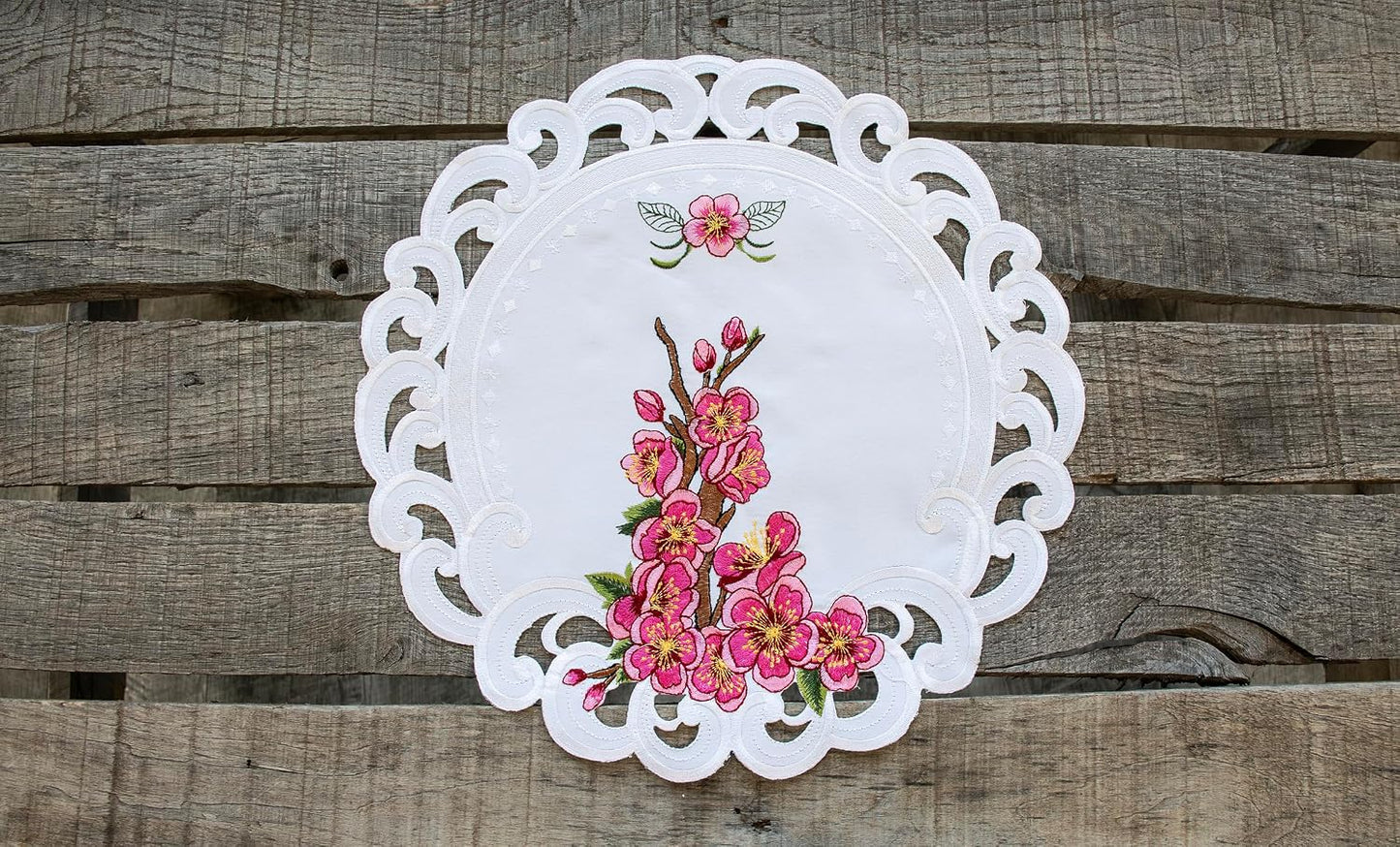 LINENS ART AND THINGS Doily Pink Cherry Blossom Round White Table Linen with Embroidered Floral Design Decorative Lace Edge Placemat Table Topper (15 Inch Round)