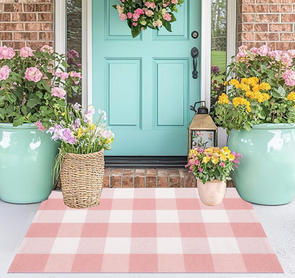 Pink and White Front Door Mat 24''X35'' Buffalo Plaid Checked Front Porch Rug Cotton Woven Washable Rug Layering Doormat for Welcome Door Mat Entryway Dining Room Bedroom Living Room