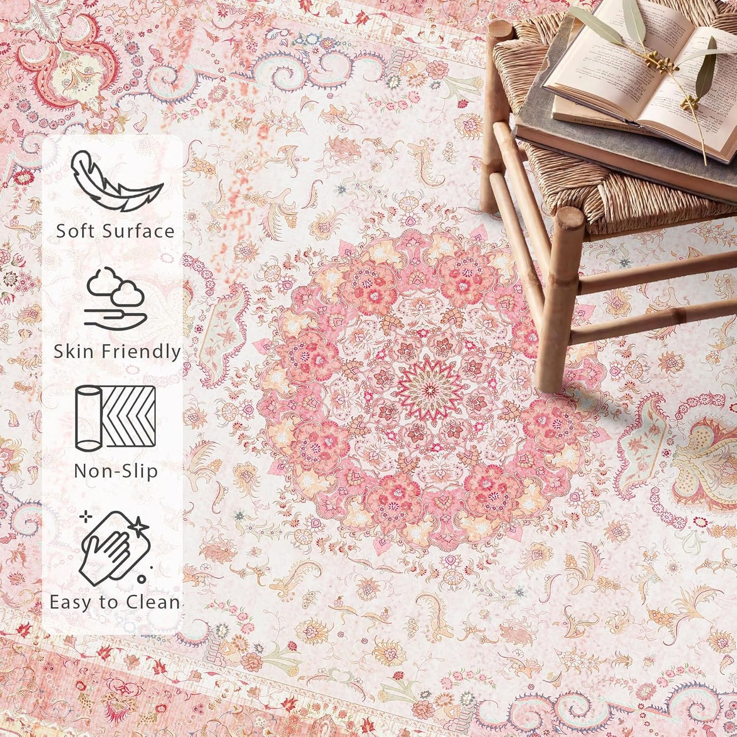 Pink Rug 3x5, Boho Washable Area Rug for Bedroom Living Room Office Kitchen, Distressed Vintage Small Rug Retro Non Slip Carpet