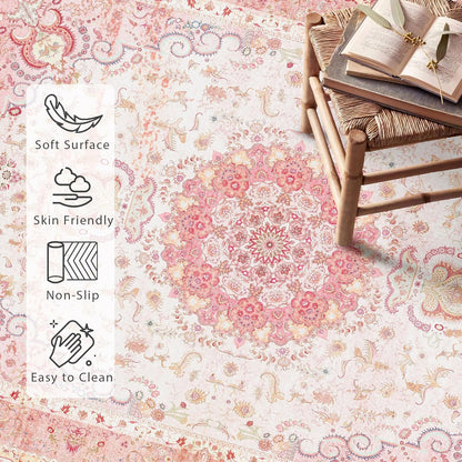 Pink Rug 3x5, Boho Washable Area Rug for Bedroom Living Room Office Kitchen, Distressed Vintage Small Rug Retro Non Slip Carpet