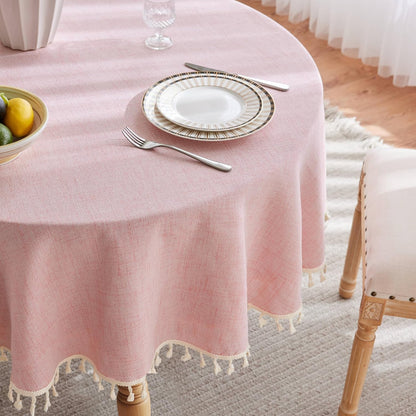 Tassel Linen Round Table Cloth, Pink 60 Inch | Tassel Trimmed, Sleek Draping, Cotton Blend, Water Stain Resistant Dining Tablecloths, Washable Farmhouse Table Cover