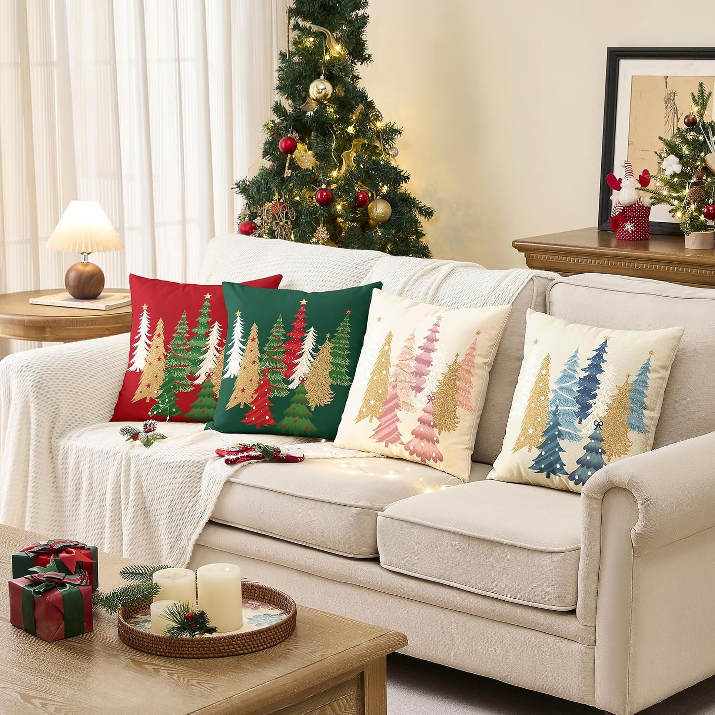 Christmas Pillow Covers 18x18 Inch Set of 2 Pink Aesthetic Decorative Christmas Tree Throw Pillows Linen Winter Holiday Decor for Home Sofa Couch Bed Chair