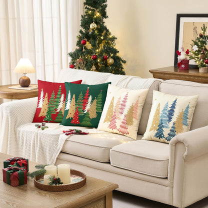 Christmas Pillow Covers 18x18 Inch Set of 2 Pink Aesthetic Decorative Christmas Tree Throw Pillows Linen Winter Holiday Decor for Home Sofa Couch Bed Chair
