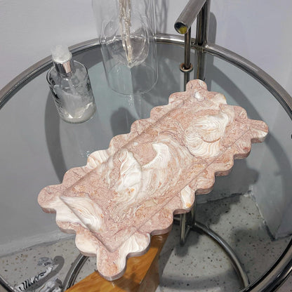 Natural Luxury Marble Vanity Tray Rectangle with Ruffles Serving Marble Storage for Bathroom, Kitchen, Plate Holder for Skincare Product, Perfume, and Food Home Décor (Shell Pink)