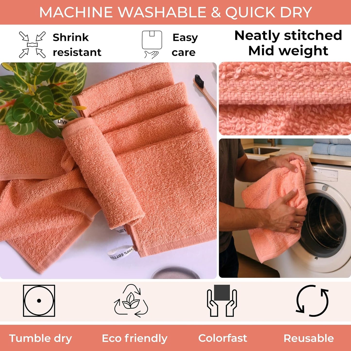 Peach 100% Cotton Wash Cloths for Showering Body and Face - 12"X12" 6 Pack Washcloths - Small Terry Towel Bath Rags for Adults and Kids Bathroom - Soft Absorbent
