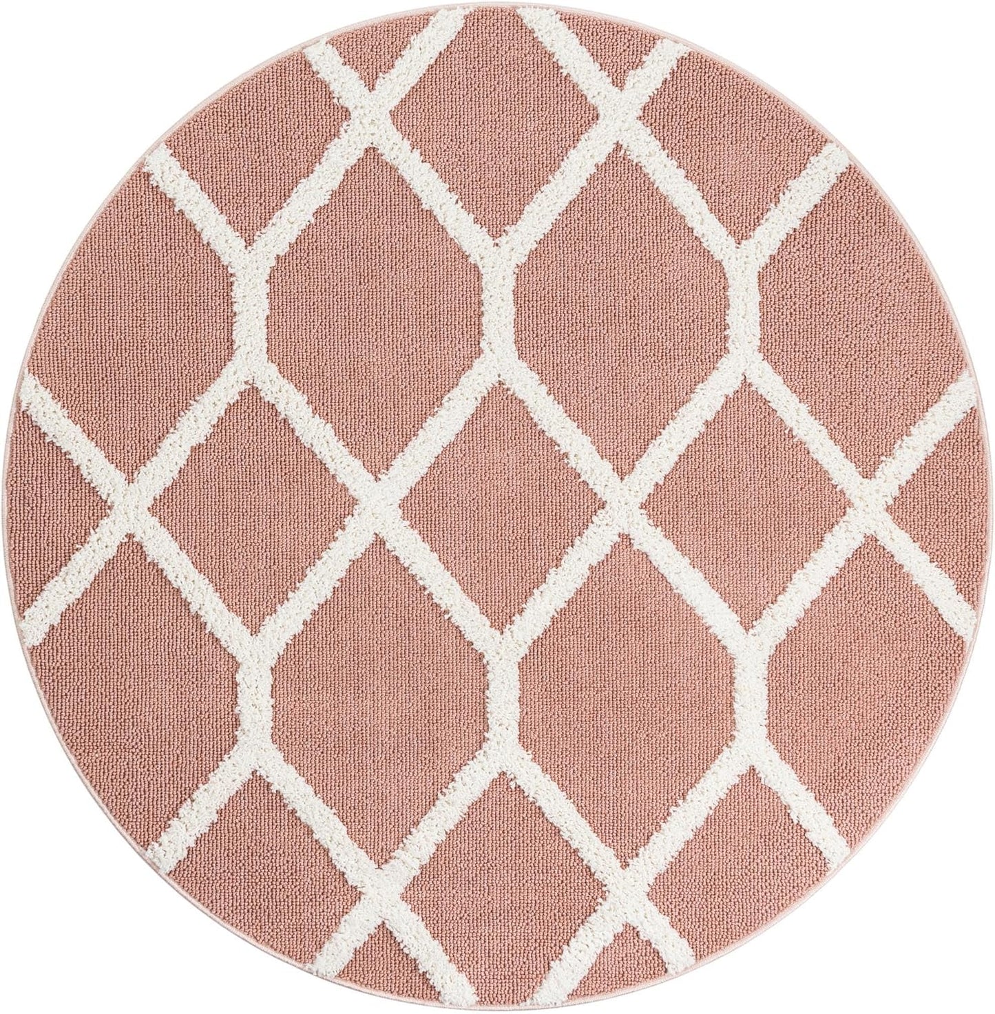 Rugs.com - Boho Rug – 5 Ft Round Pink Easy-Clean Area Rug – Modern Textured Trellis Design, Perfect for Bedrooms, Nurseries, and Playrooms