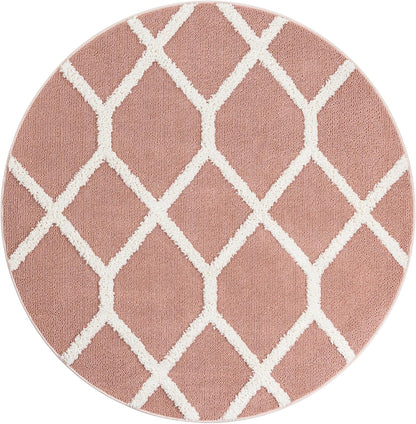 Rugs.com - Boho Rug – 5 Ft Round Pink Easy-Clean Area Rug – Modern Textured Trellis Design, Perfect for Bedrooms, Nurseries, and Playrooms