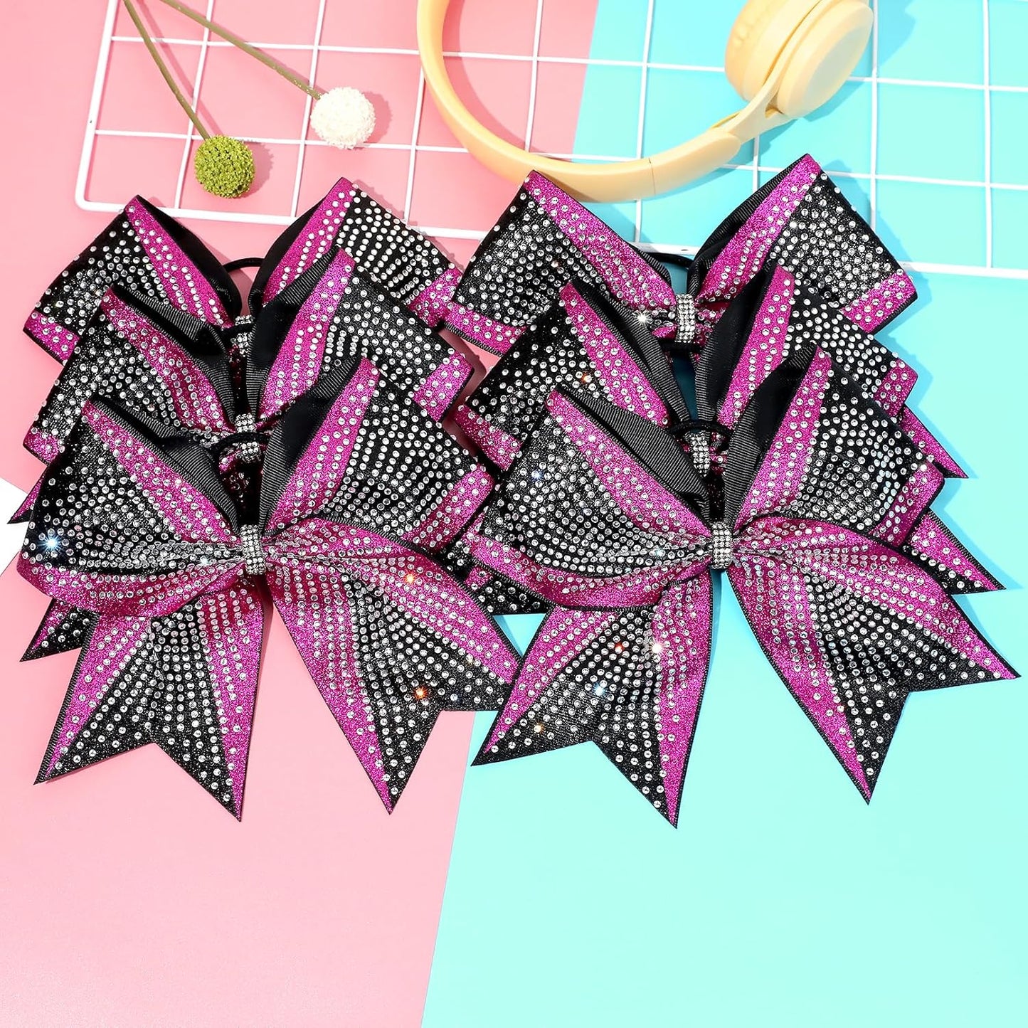 DEEKA 6PCS 8" Large Glitter Pink and Black Cheer Bows Two Toned Rhinestones Stiff Cheer Hair Bows Elastic Band Competition Bows for Cheerleader Team Girls Sports -Pink/Black