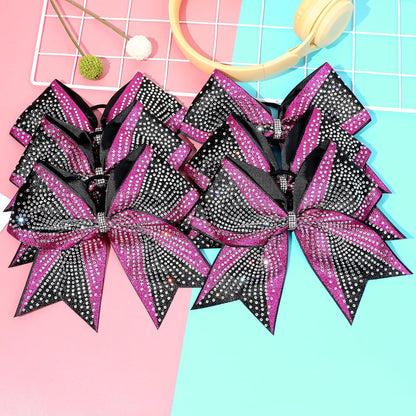 DEEKA 6PCS 8" Large Glitter Pink and Black Cheer Bows Two Toned Rhinestones Stiff Cheer Hair Bows Elastic Band Competition Bows for Cheerleader Team Girls Sports -Pink/Black