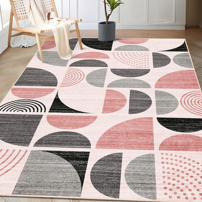MUJOO Pink Rug Boho Washable,3x5 Area Rugs for Bedroom Entryway Living Room Bedside,Small Throw Floor Carpet Non Slip Soft Indoor Modern Abstract Pink and Grey
