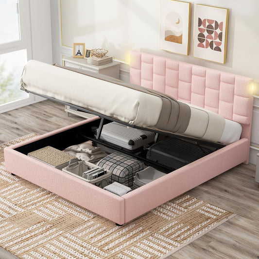 Lift Up Storage Queen Bed with Light, Upholstered Platform Bed with USB & C-Type Charging, Hydraulic Lifting Under Bed Storage and Height-Adjustable Headboard, Queen Size (Pink)