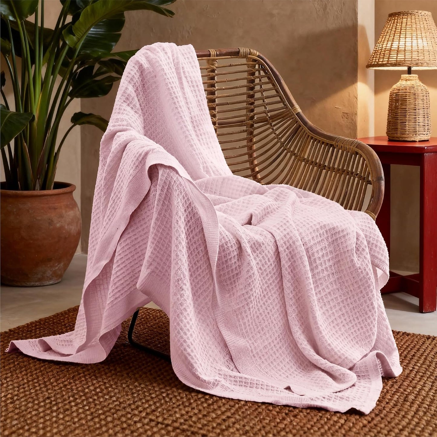 Bedsure 100% Cotton Throw Blanket for Couch 50x70 inches - Cooling Breathable and Soft for Summer, Waffle Weave Throw Blanket for Office, Pink